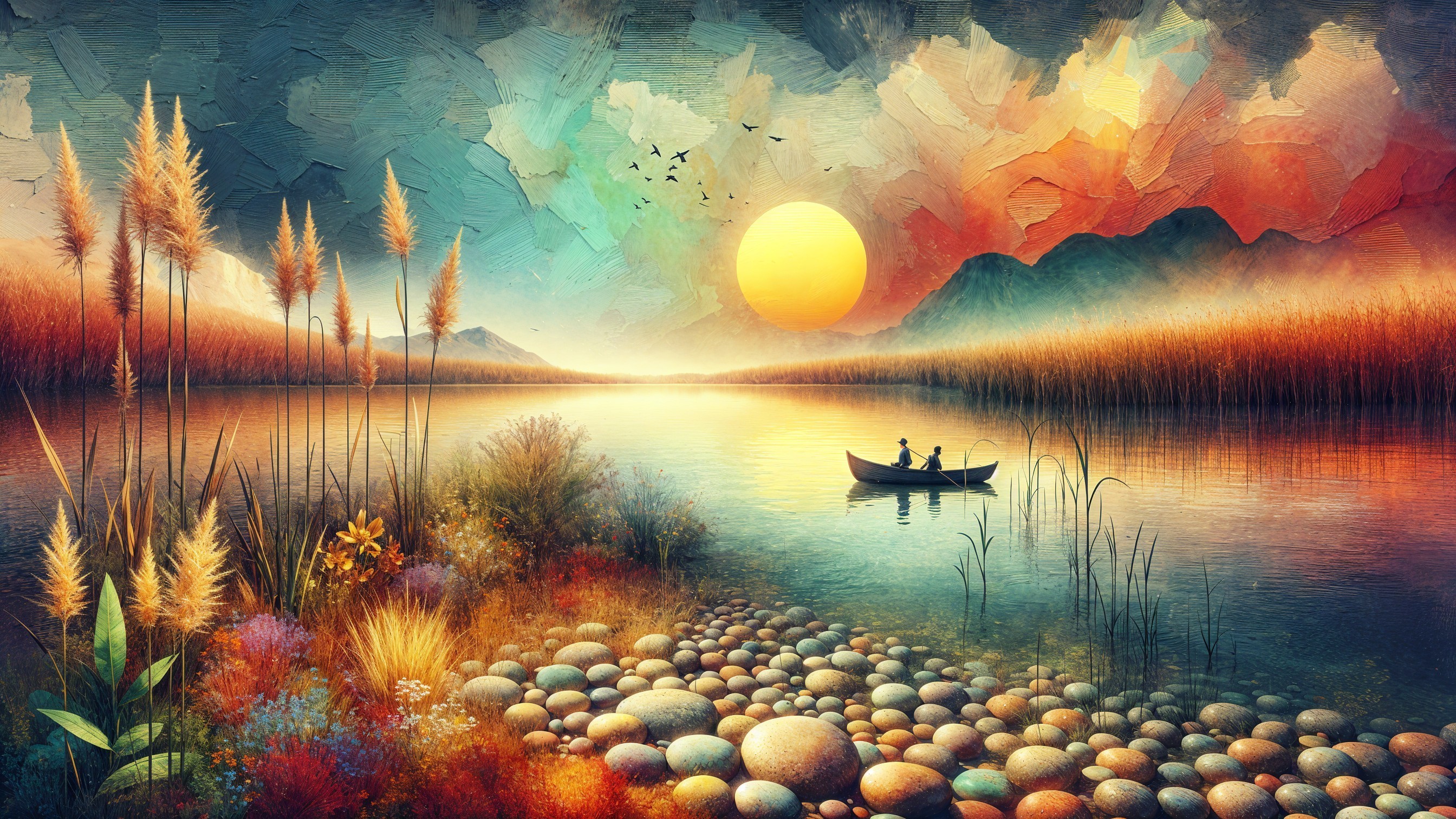 Serene landscape with river, sunset, and boat figures