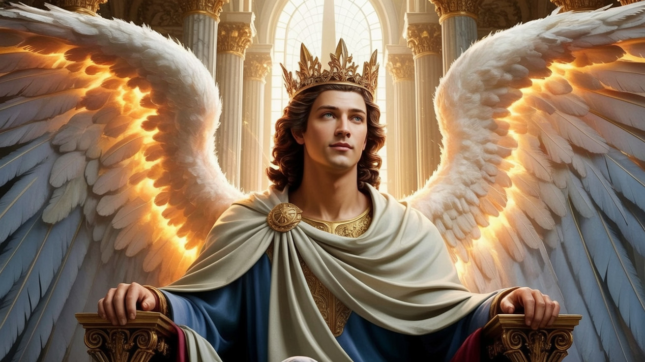 Majestic figure with luminous wings on a throne