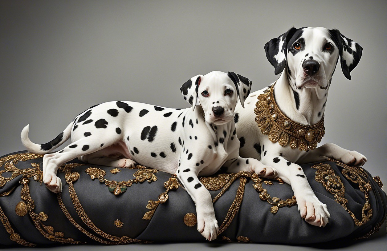 Elegant Dalmatians on Ornate Pillow with Golden Embroidery