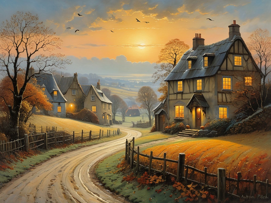 Dusk Landscape with Charming Village and Autumn Trees