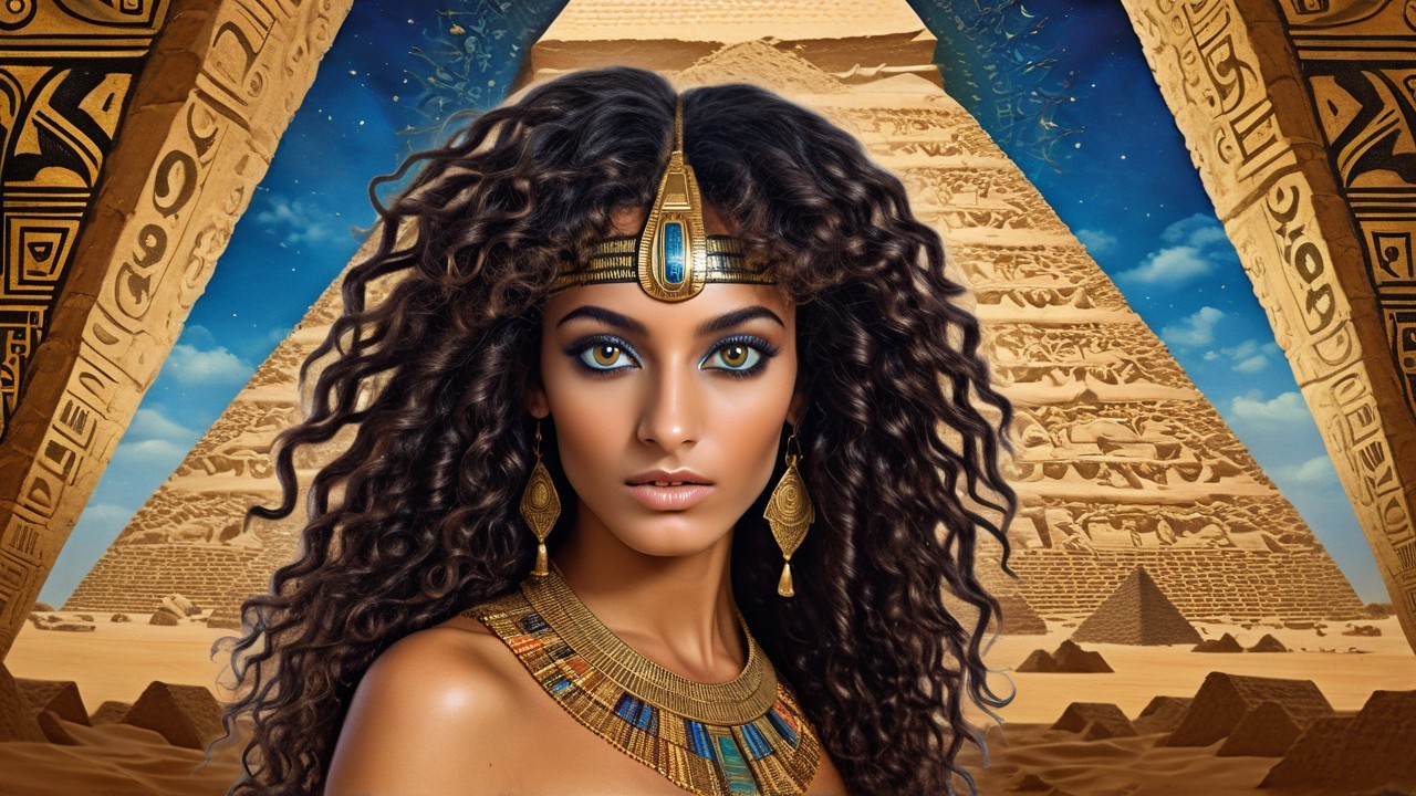Woman with Curly Hair and Jewelry Near Pyramids