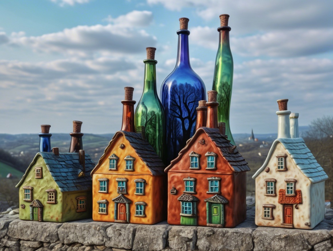 Colorful Ceramic Houses with Glass Bottles and Hills