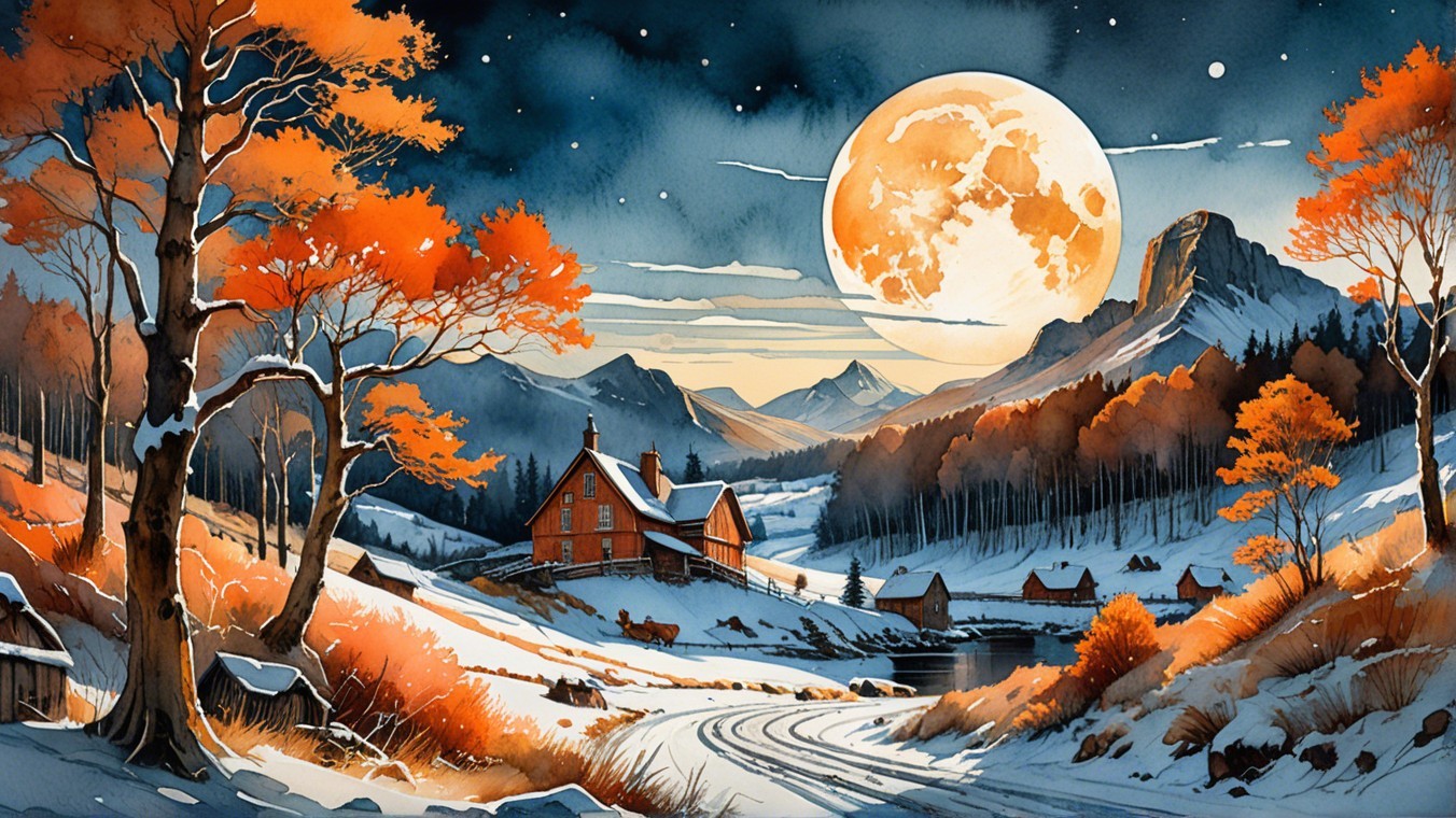 Serene Winter Landscape with River and Snowy Mountains