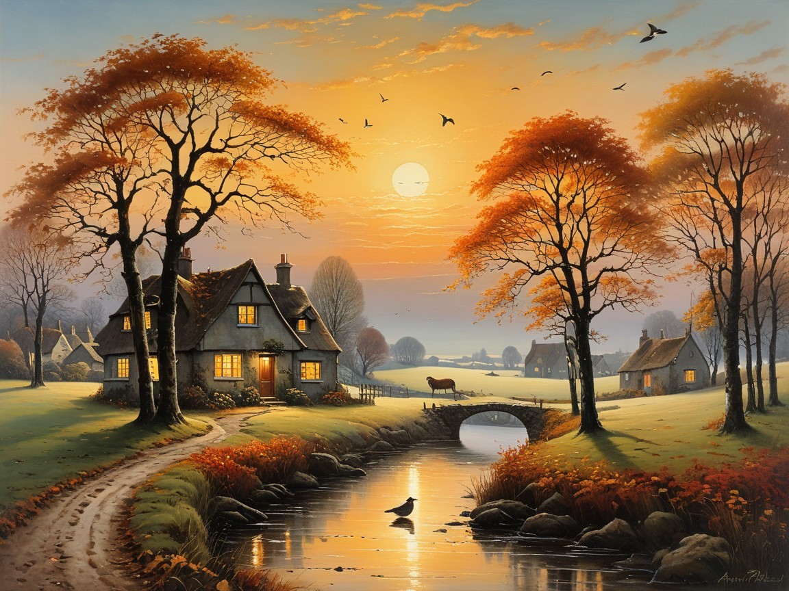 Autumn Landscape with Cottage and Serene River