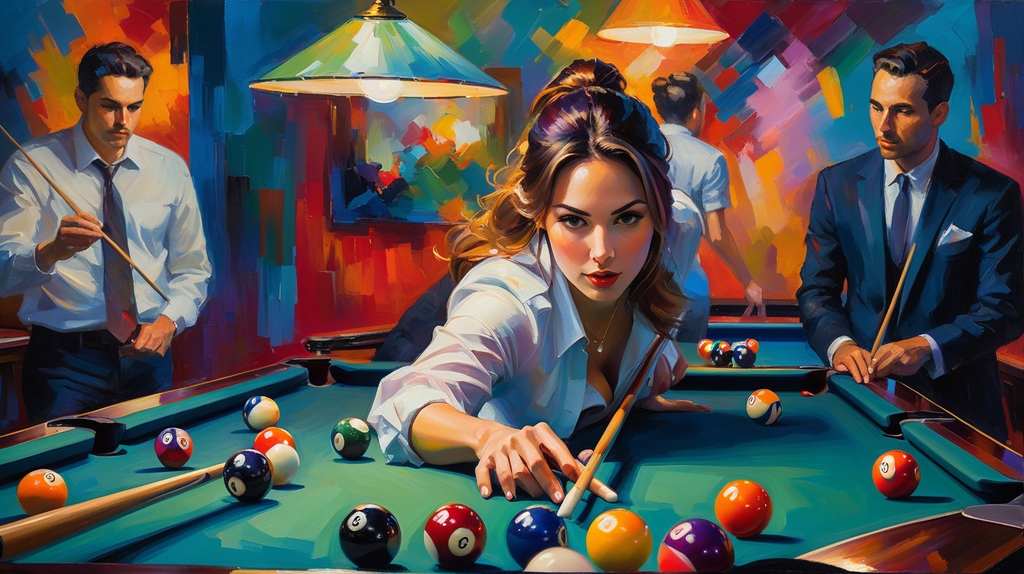 Oil Painting of Four People Playing Billiards in Room