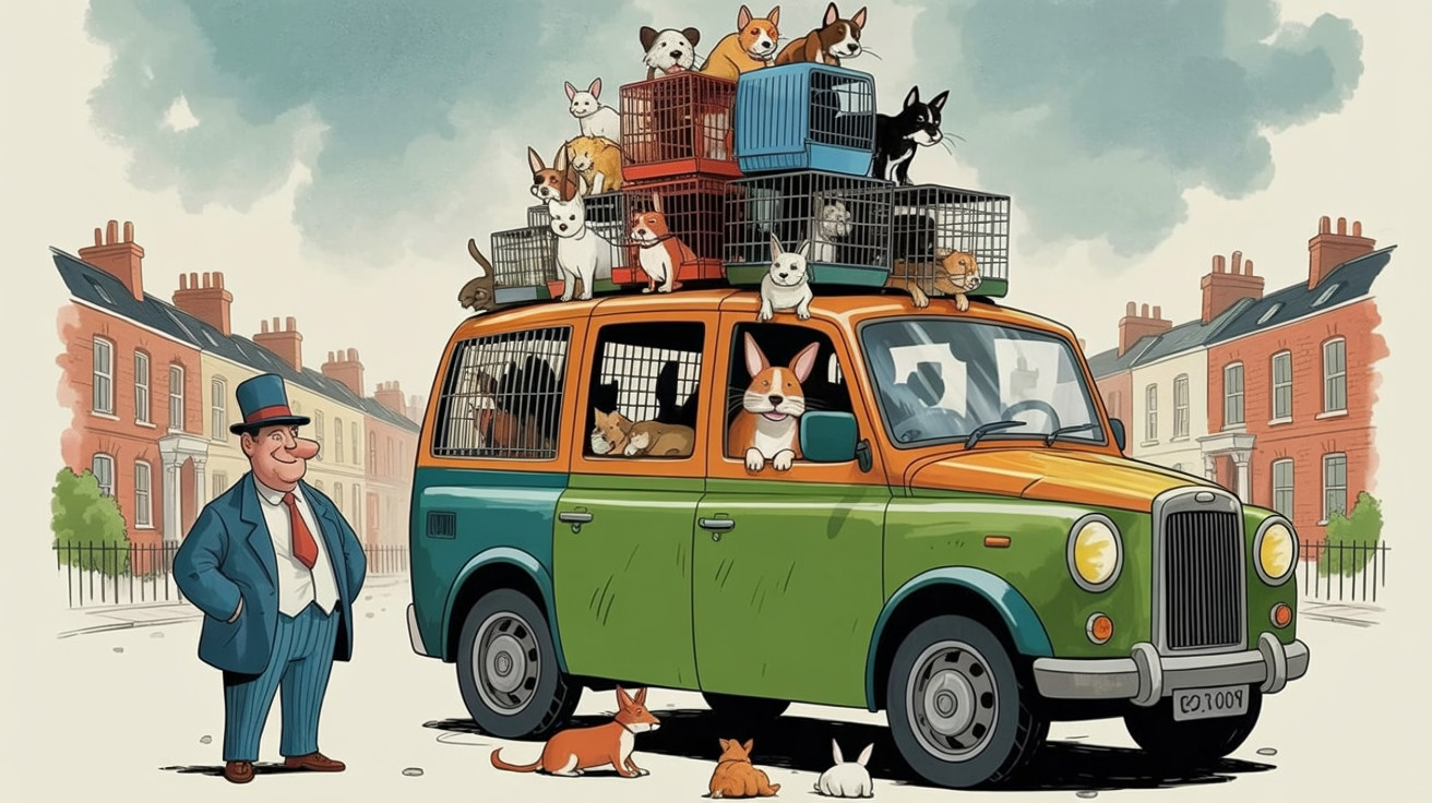 Colorful Cartoon Scene of Van with Playful Dogs