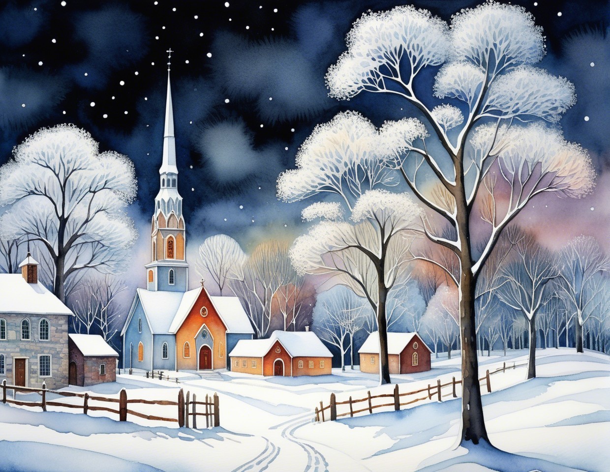 Watercolor Painting of a Winter Town at Night
