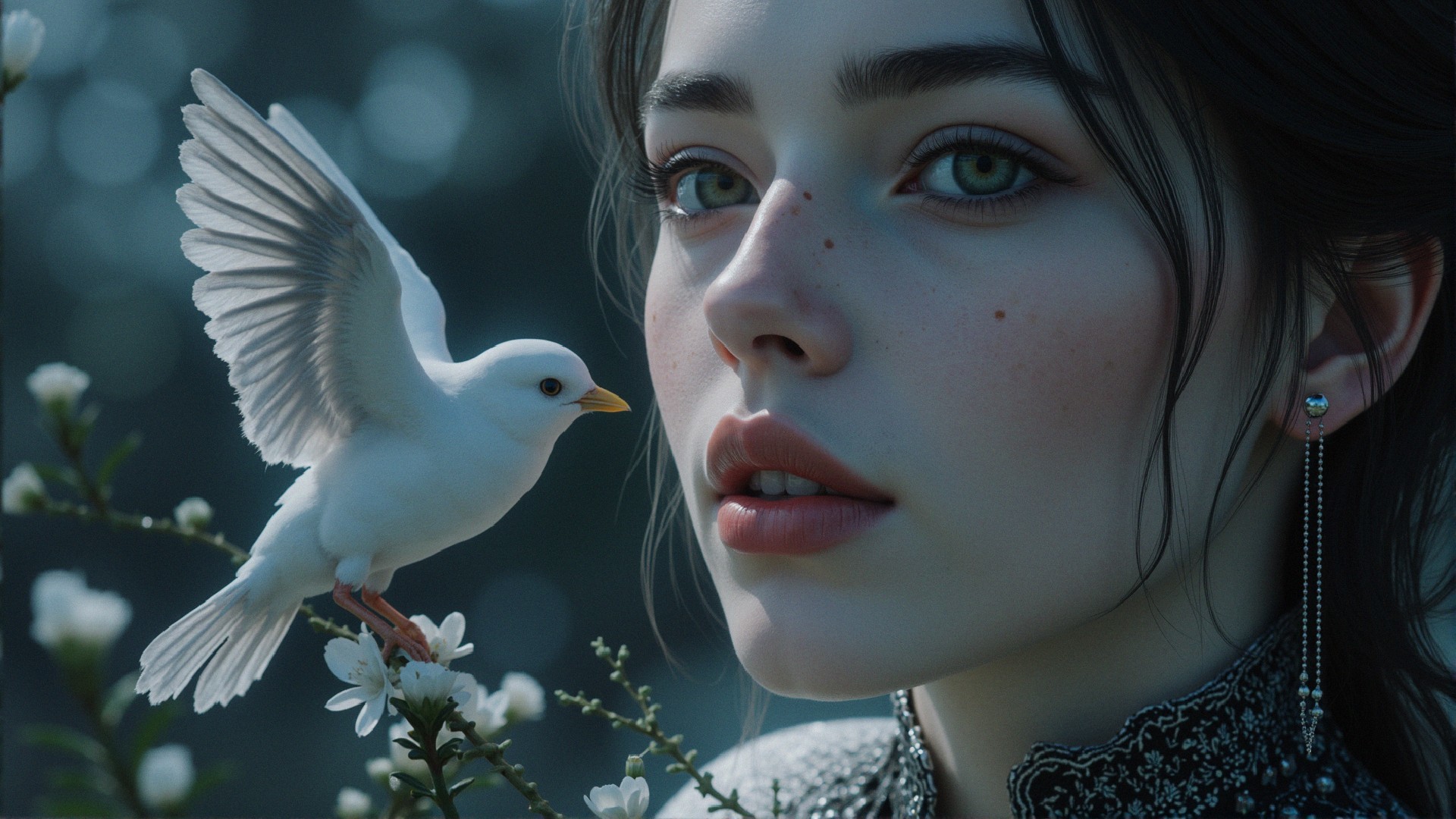 Close-Up Portrait of a Woman with Green Eyes and Bird