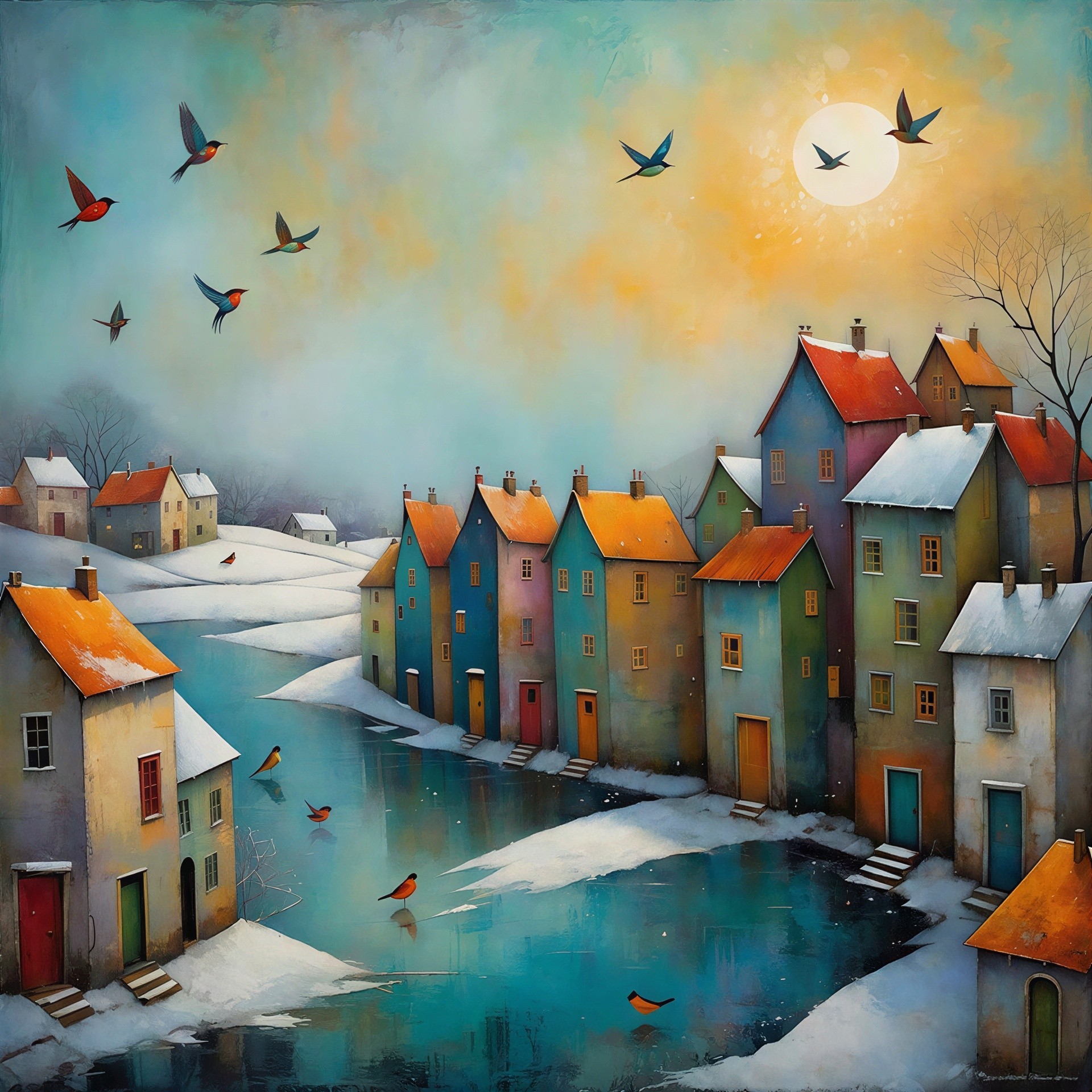 Abstract Winter Village Scene with Colorful Houses