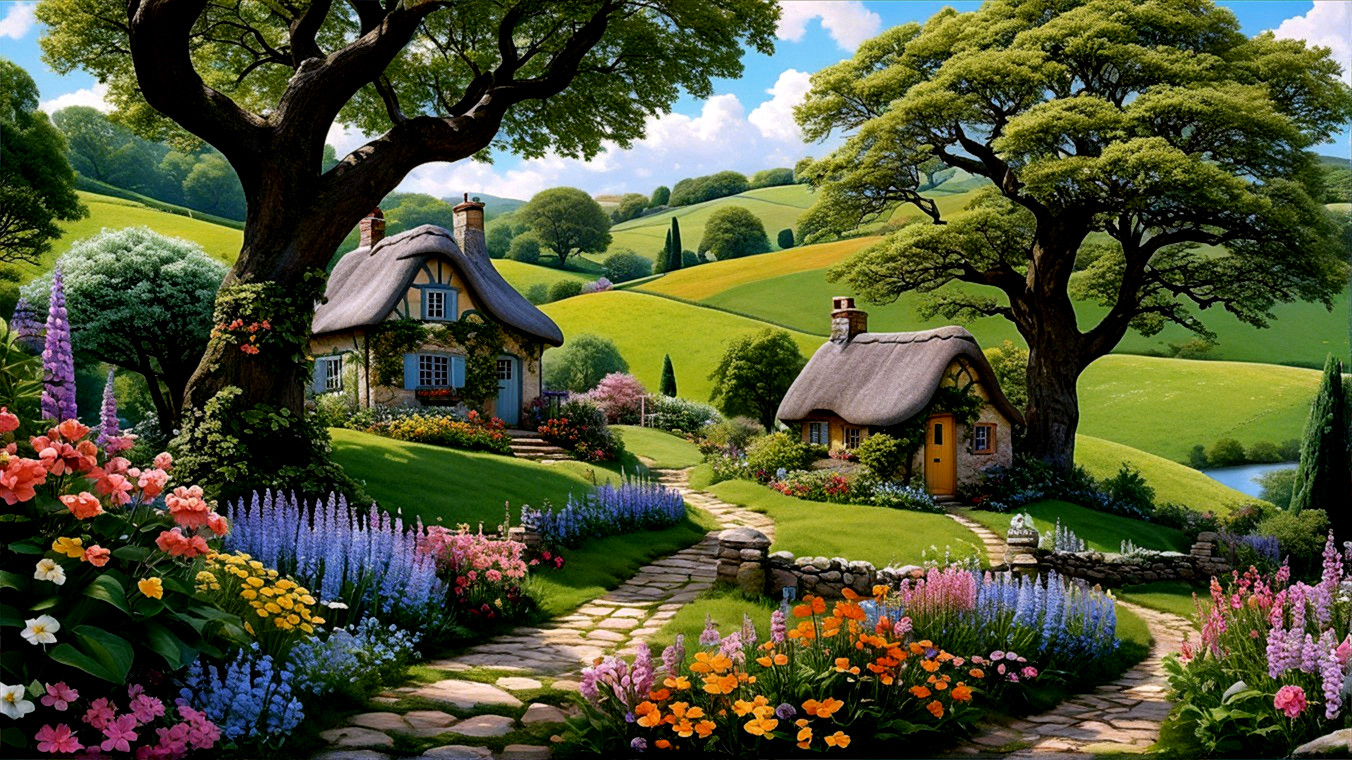 Charming Cottages Amidst Lush Green Hills and Gardens