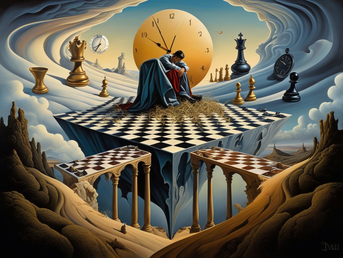 Surreal Landscape with Floating Chessboard and Figures