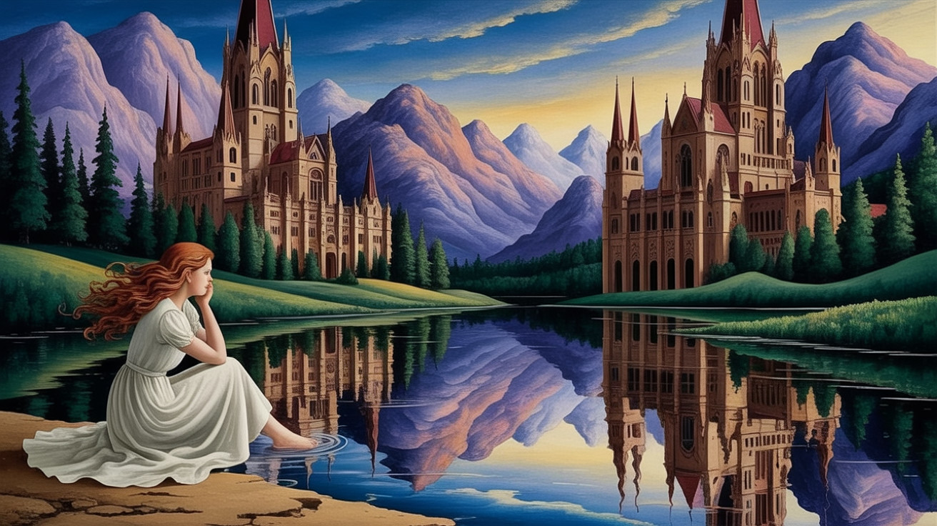 Young Woman by Tranquil Lake with Castles at Sunset