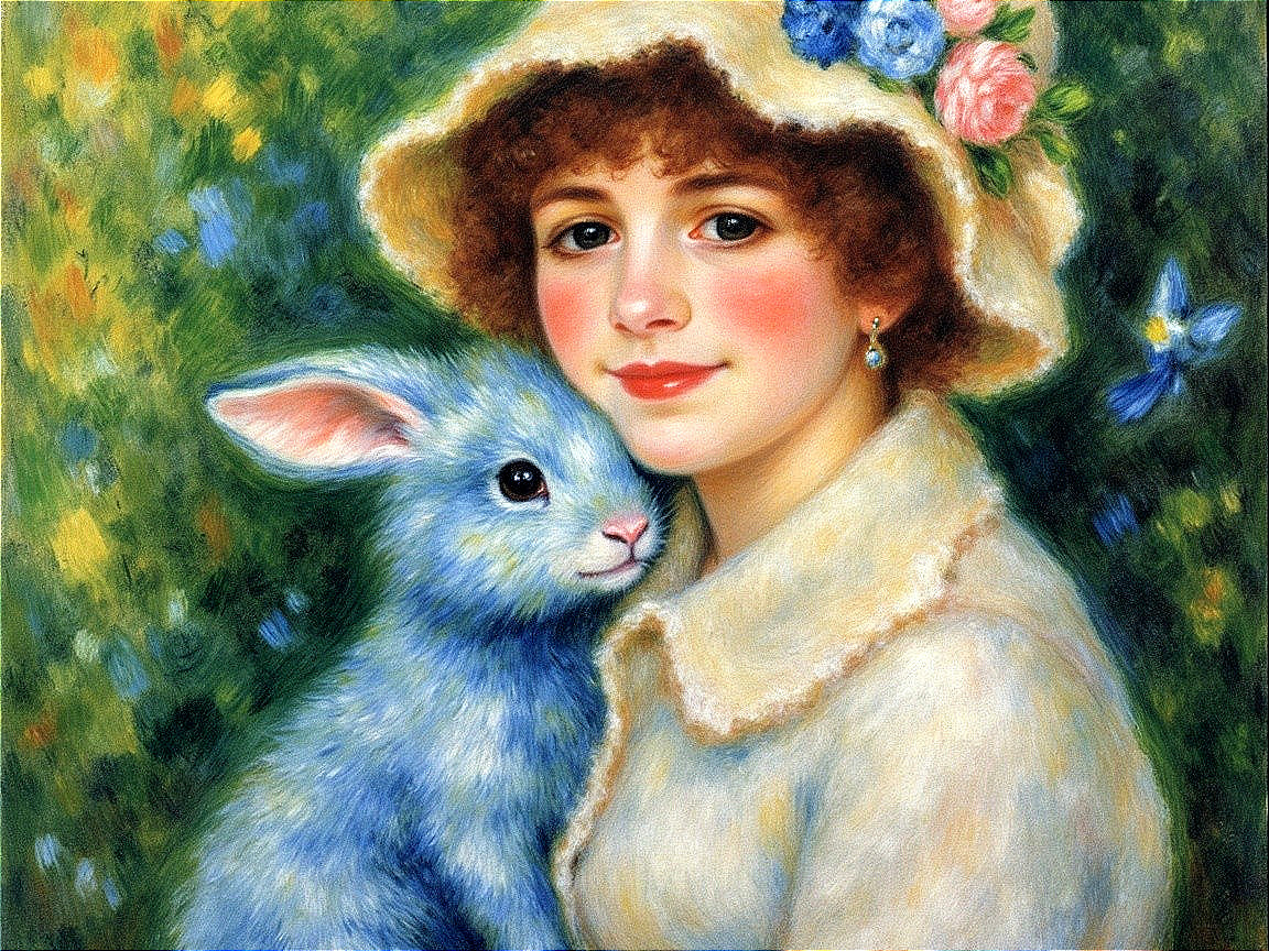 Young girl in pastel dress with rabbit in nature