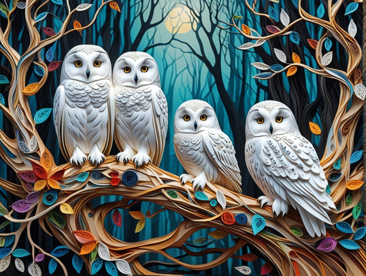 Whimsical Forest Scene with Majestic White Owls
