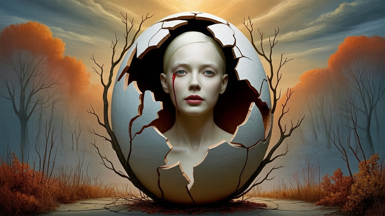 Surreal Scene of Cracked Eggshell and Serene Face