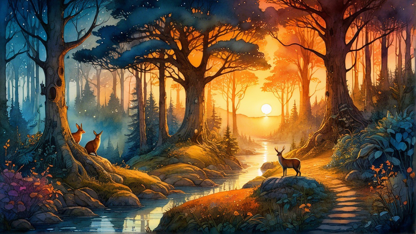 Serene forest scene at sunset with vibrant colors