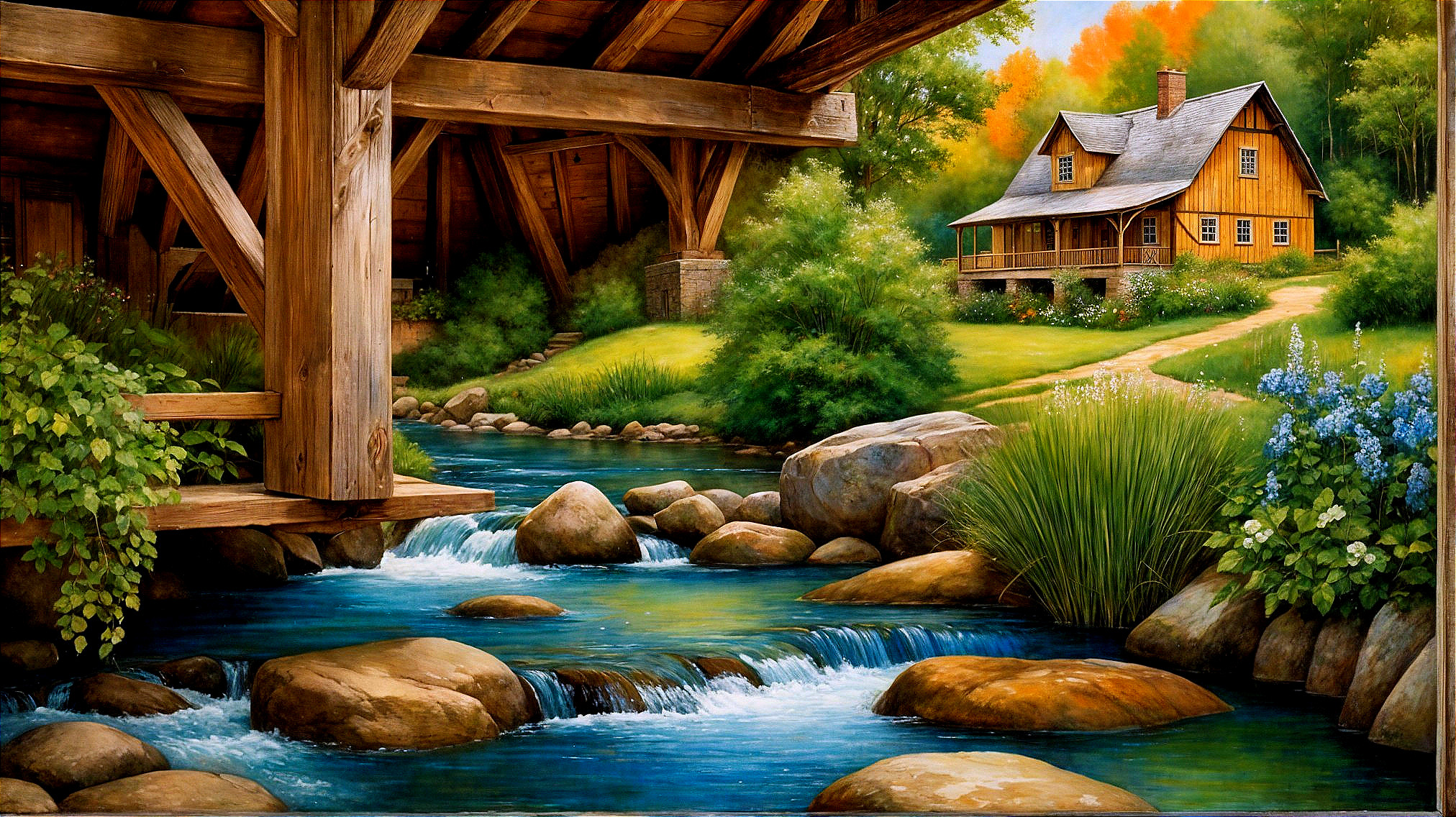 Serene Landscape with Wooden House and Stream