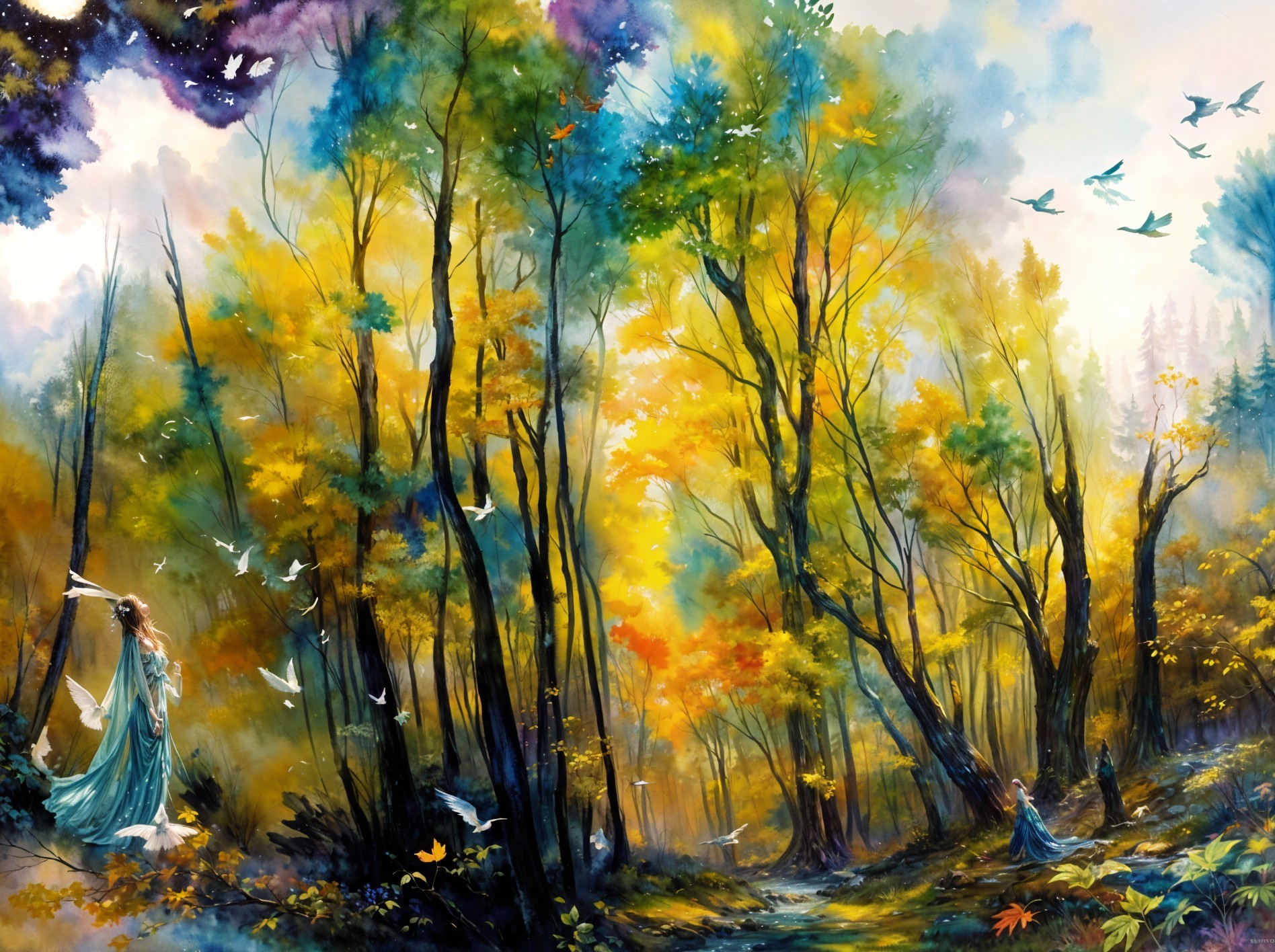 Vibrant Fantasy Forest in Bright Watercolor Style