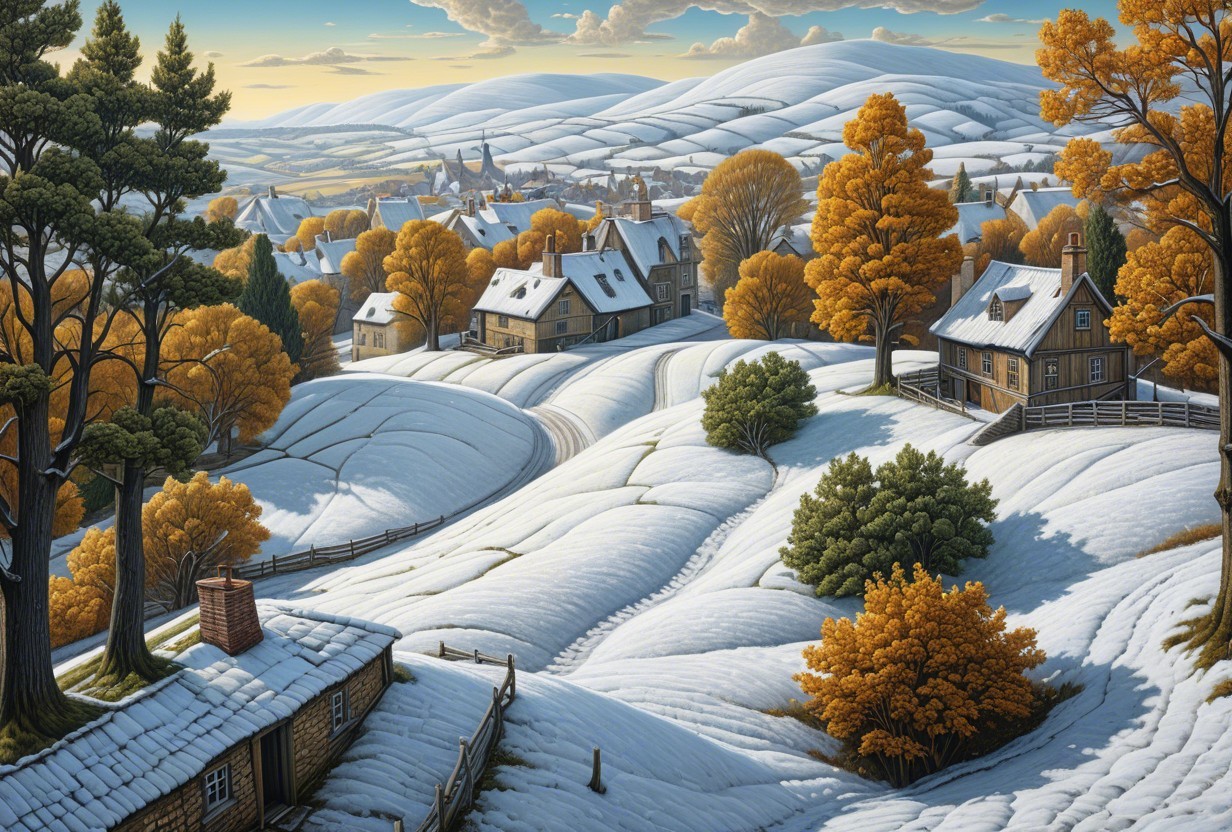 Winter Landscape with Snow-Covered Hills and Trees