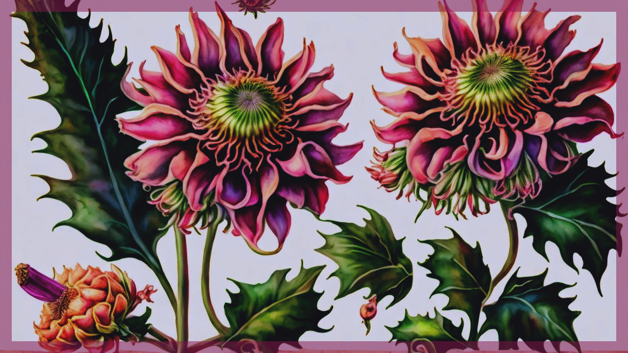 Vibrant Illustration of Dahlia Flowers and Leaves