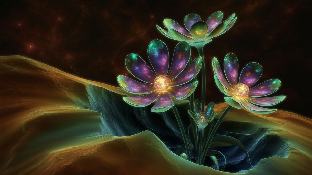 Surreal Cosmic Landscape with Vibrant Alien Flowers