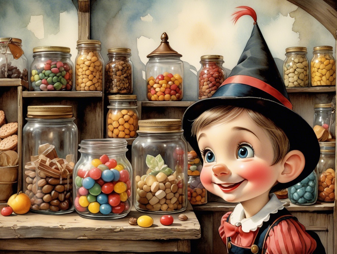 Young boy in jester hat at a rustic candy shop