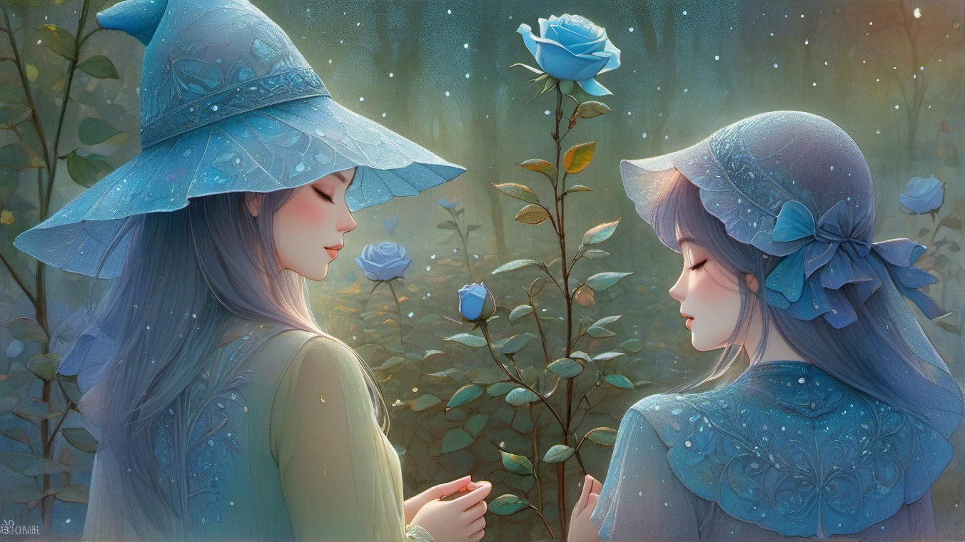 Ethereal Figures in Serene Garden with Blue Roses