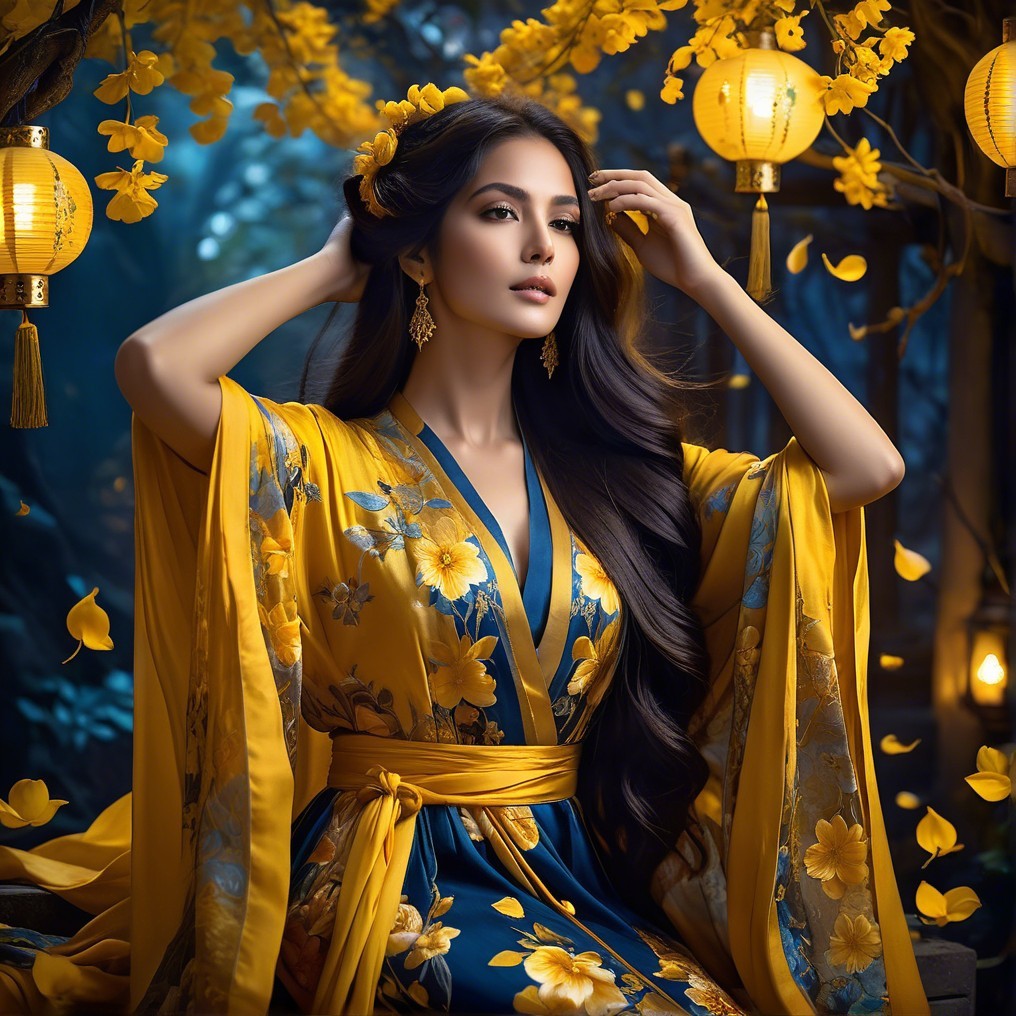 Woman in Floral Kimono Surrounded by Lanterns and Petals