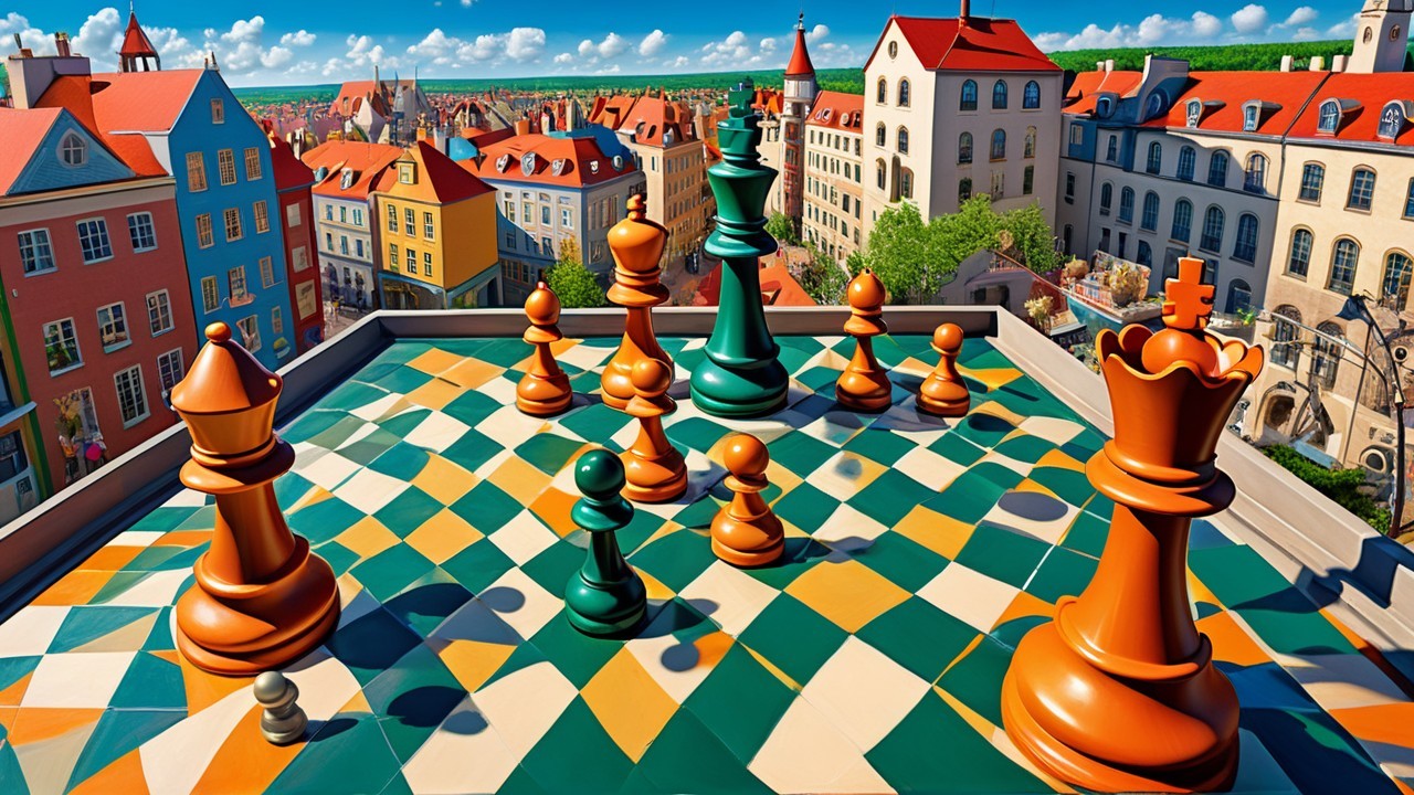 Vibrant Rooftop Chessboard with Oversized Pieces