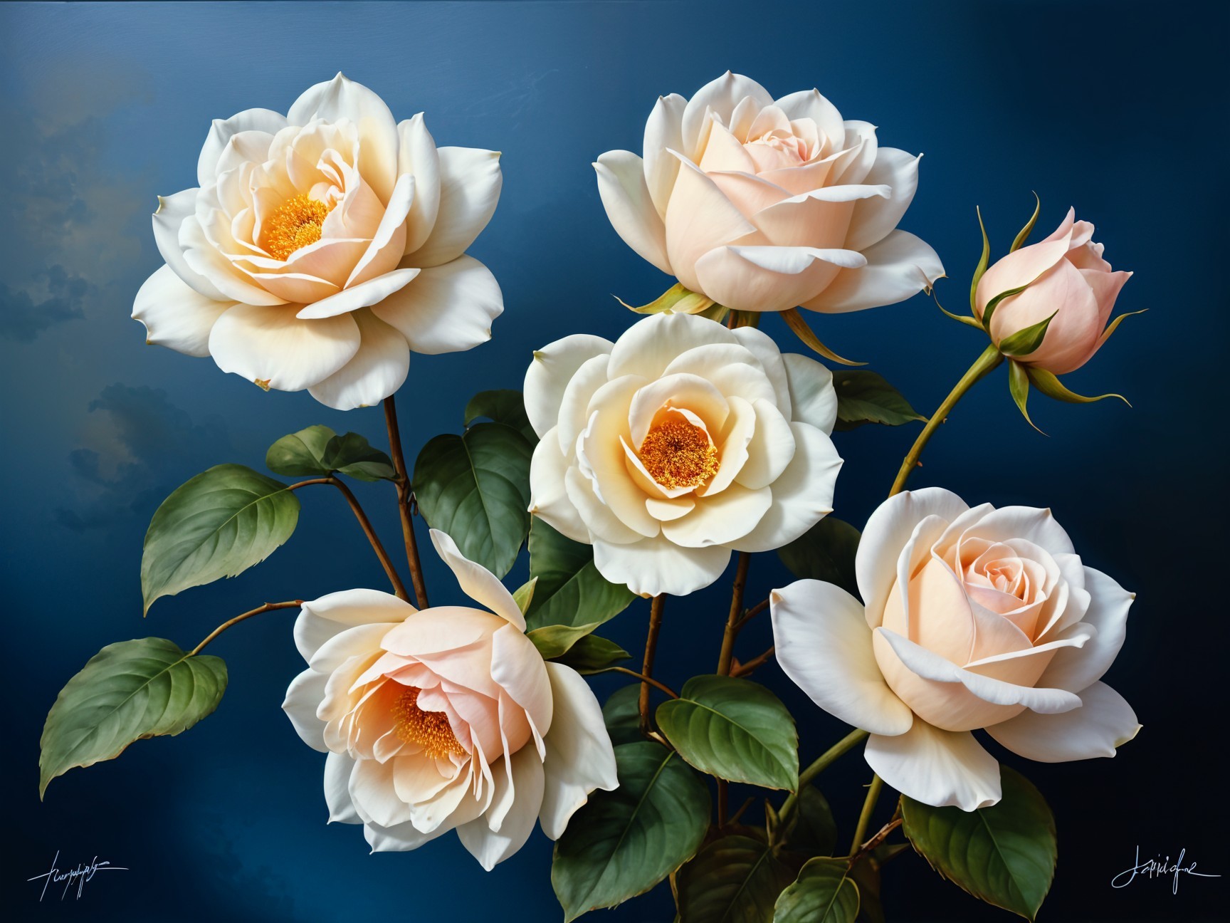 Peach and White Roses Bouquet on Deep Blue Background