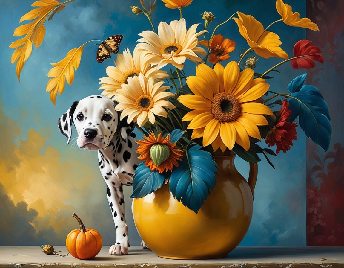 Dalmatian Puppy with Flowers and Seasonal Decor