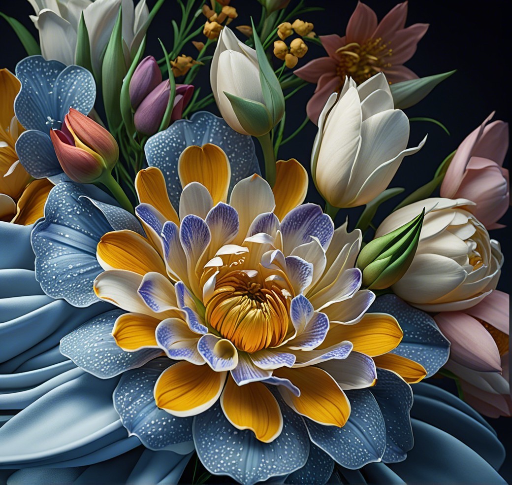 Intricate Floral Arrangement with Blue and Yellow Lotus