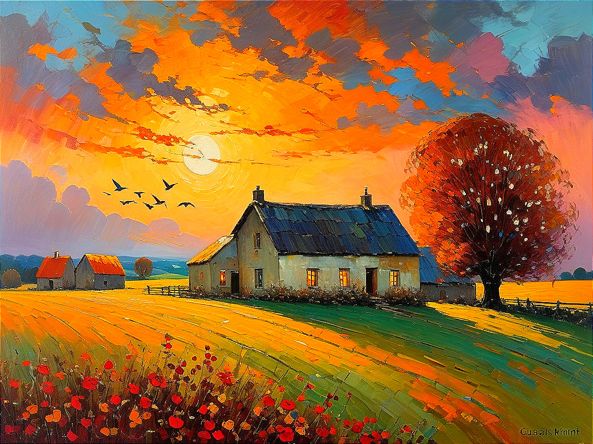 Vibrant Sunset Over Serene Countryside Landscape