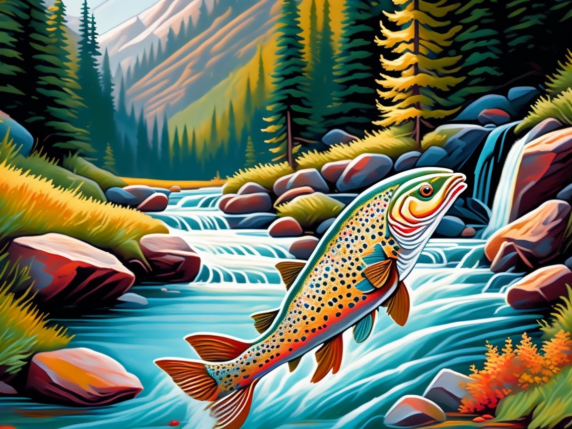 Vibrant Landscape with Mountain Stream and Trout