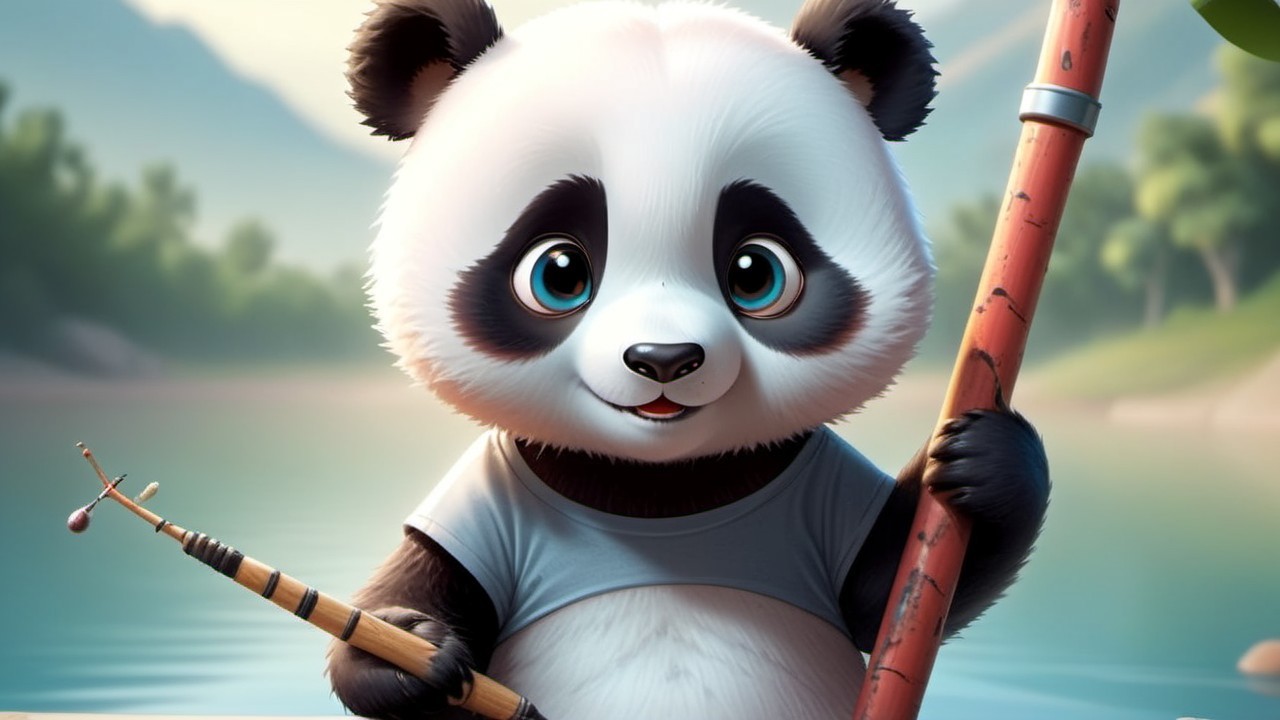 Playful Panda Character by Tranquil Lake Scene