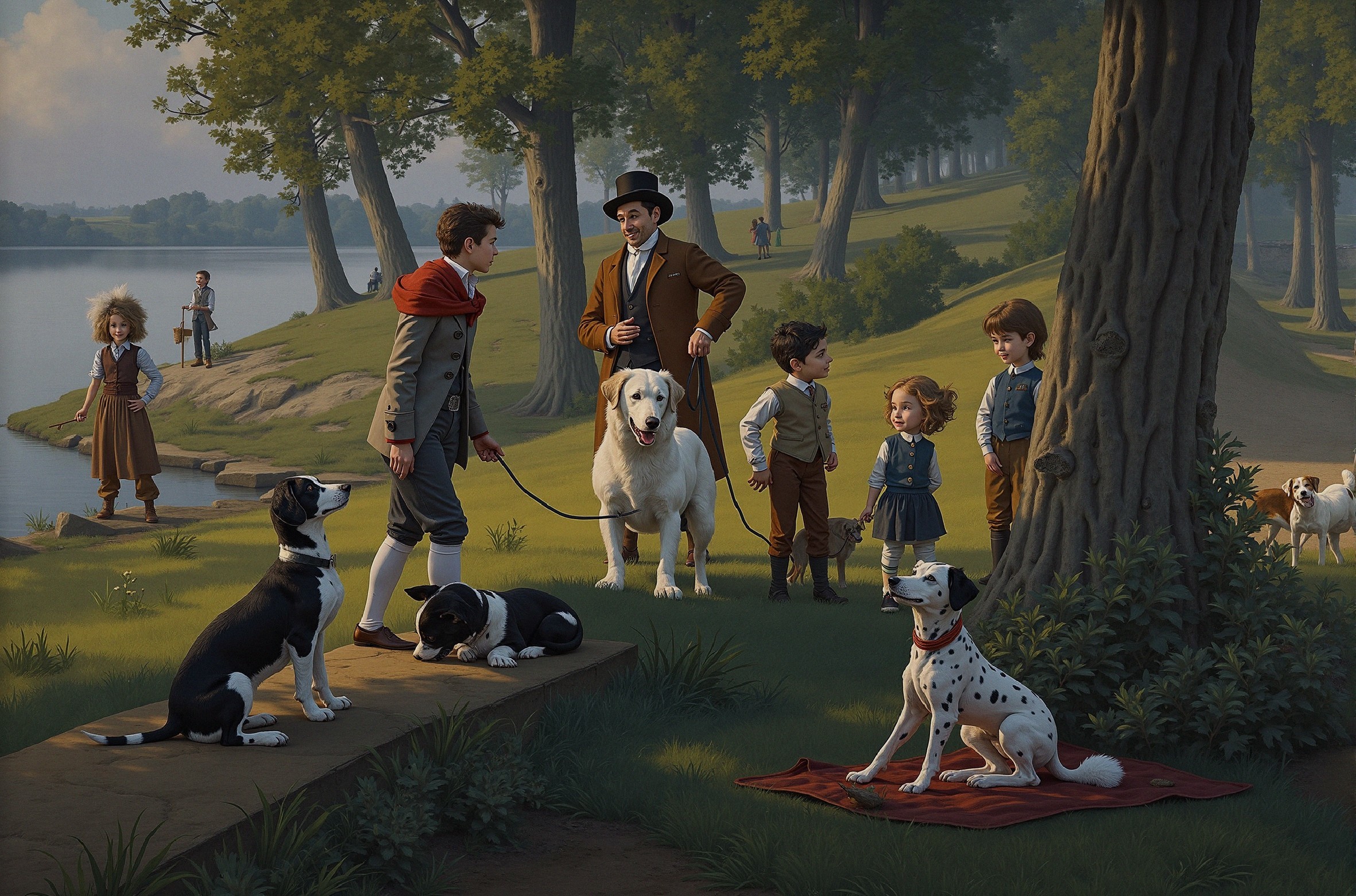 Lakeside Scene with Children and Dogs in Nature