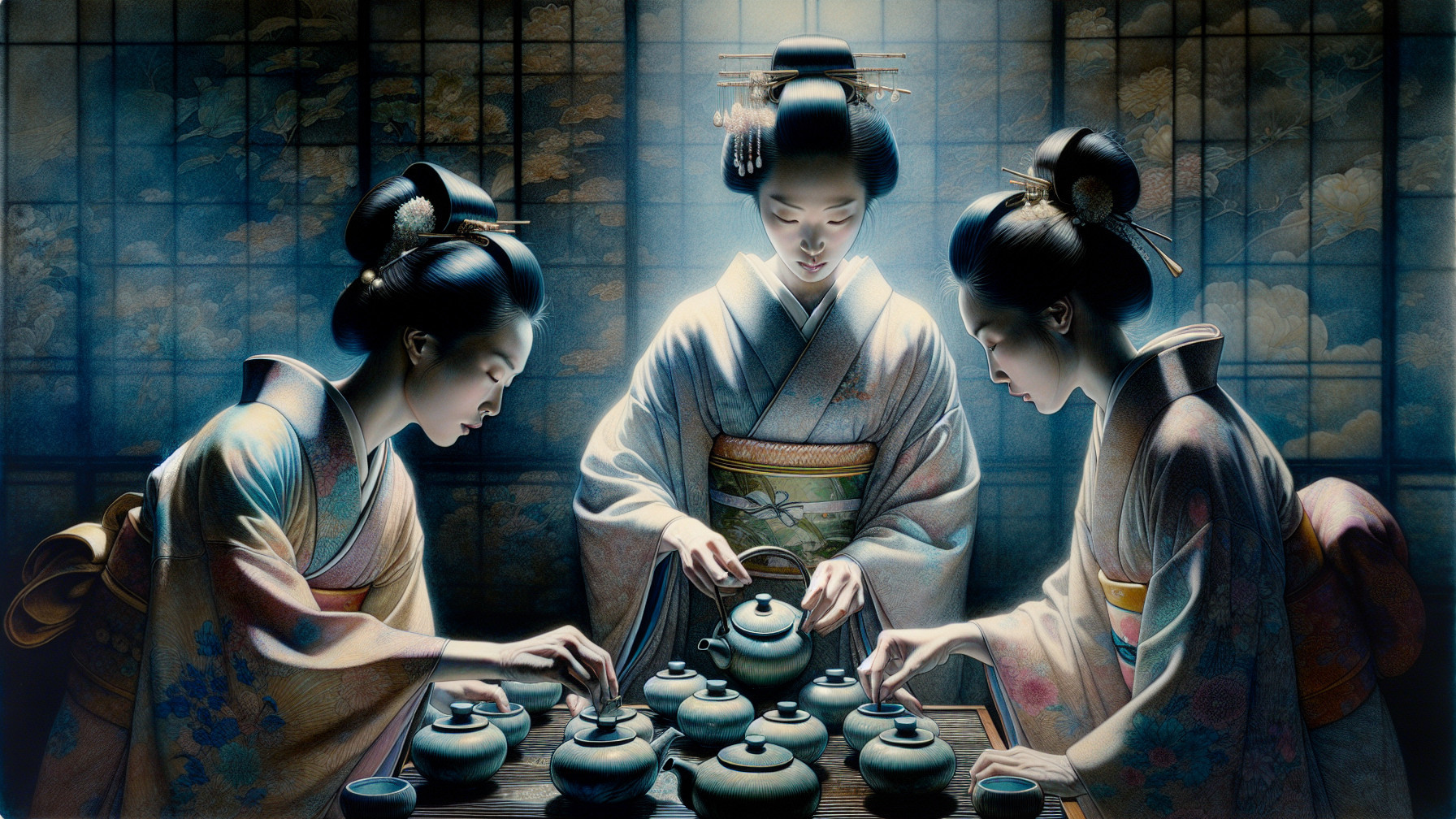 Traditional Japanese Tea Ceremony with Elegant Kimonos