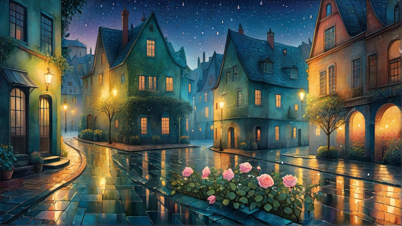 Moonlit Street Scene with Quaint Houses and Roses