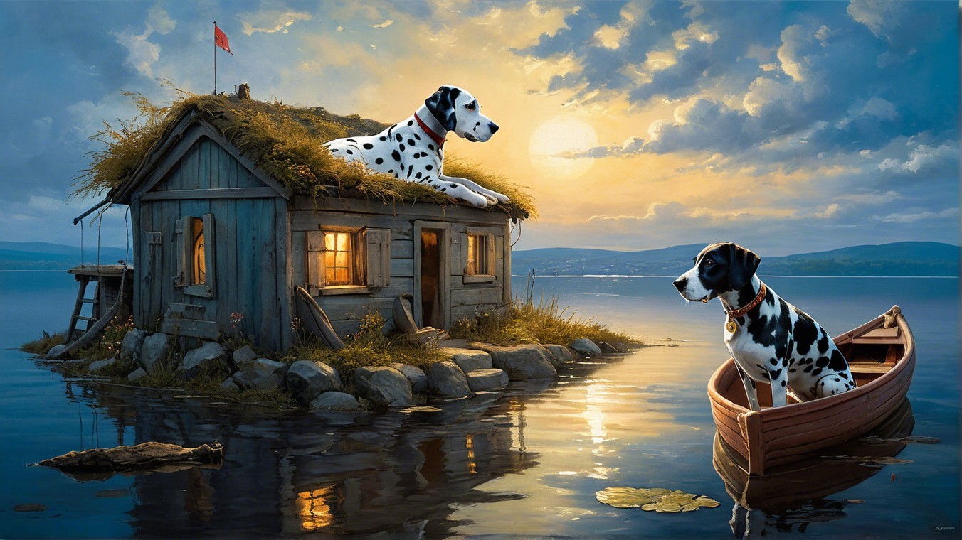 Rustic House on Water with Dalmatians at Sunset