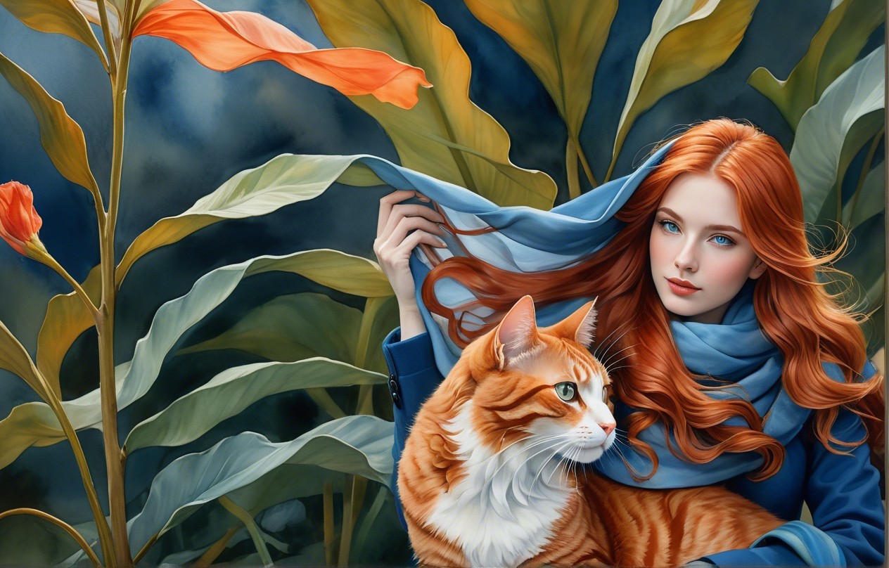 Young Woman with Cat in a Lush Green Setting