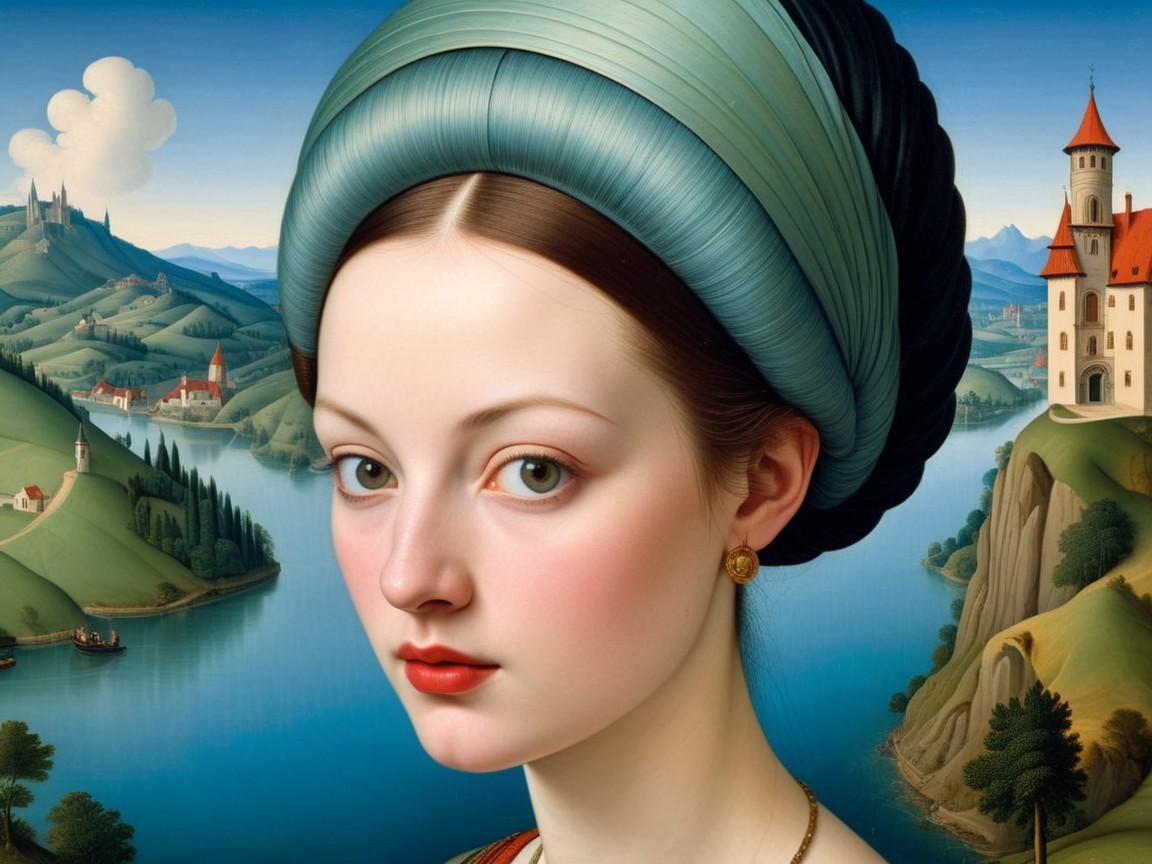 Serene Young Woman in Scenic Landscape with Castle