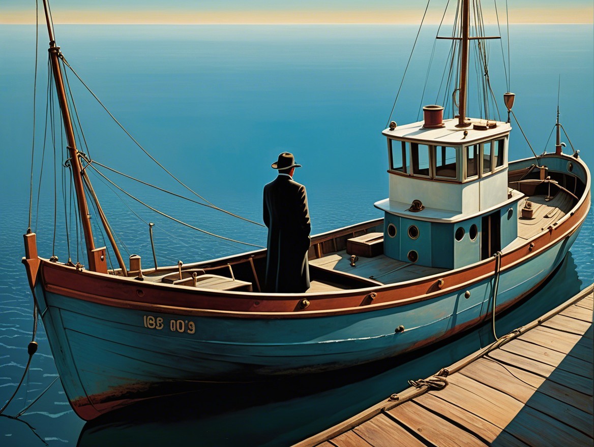 Lone Figure on Vintage Tugboat at Calm Waters