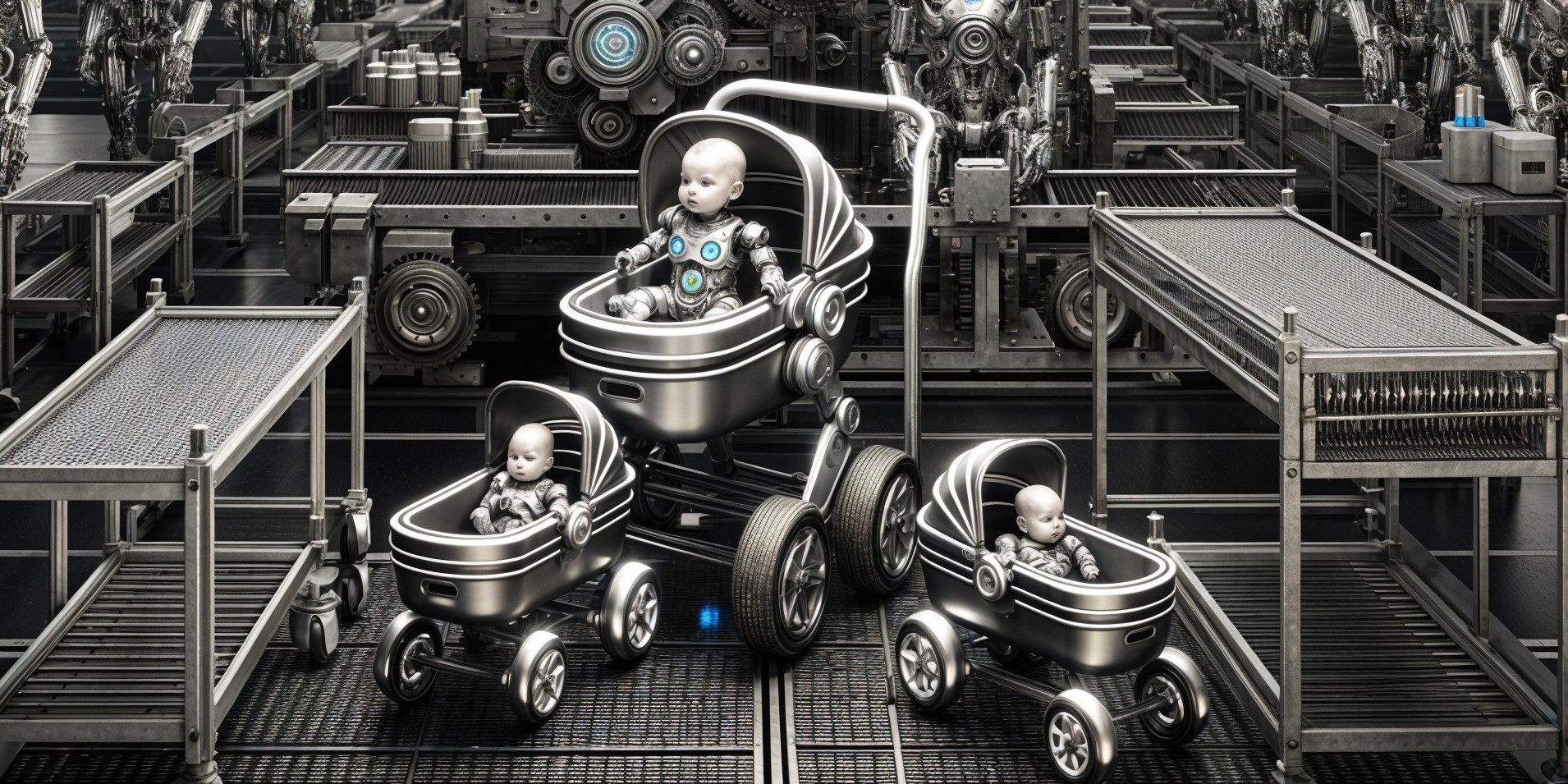 Futuristic Factory with Robotic Babies in Strollers