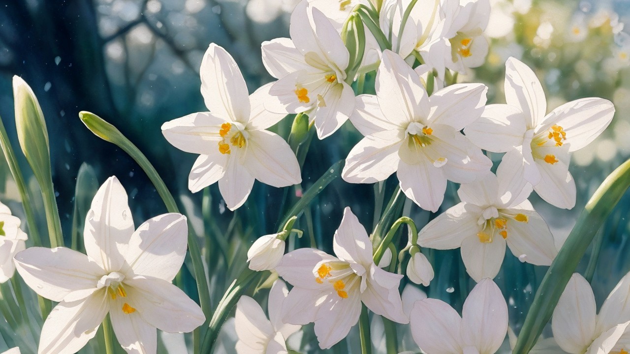 Delicate white flowers with yellow centers in greenery