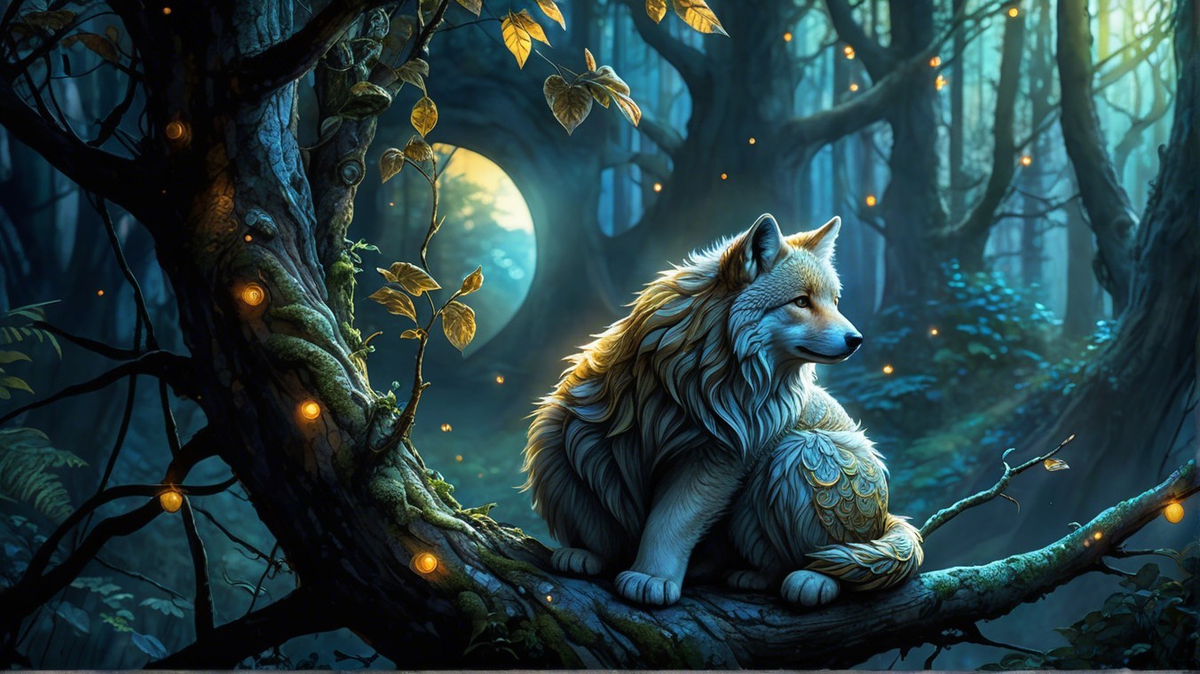 Golden-Coated Wolf in Mystical Forest Setting