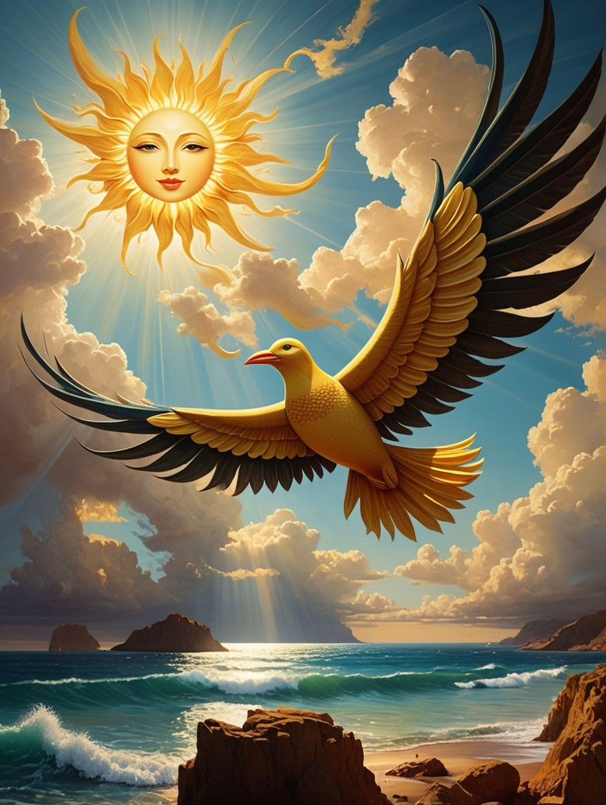 Radiant Sun and Golden Bird Over Tranquil Ocean Scene