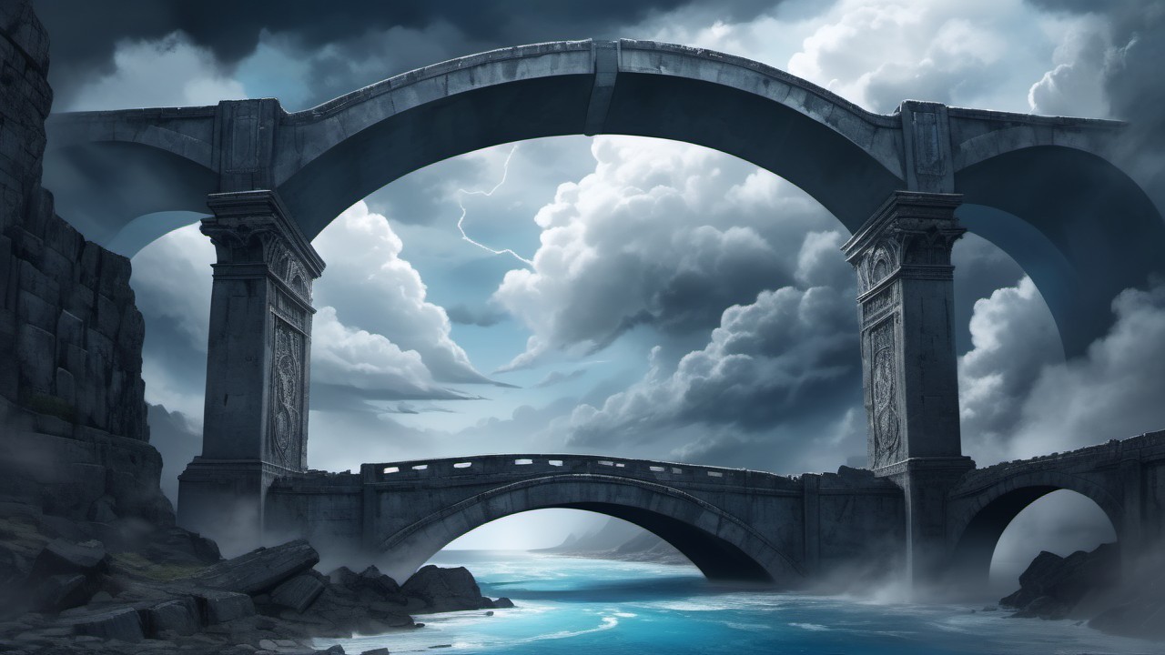 Dramatic Landscape with Stone Bridges and Stormy Sky