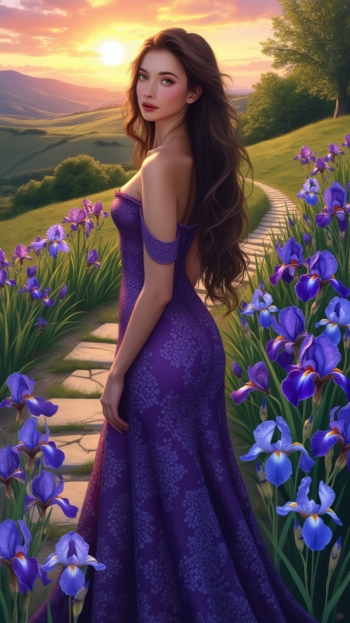 Woman in Purple Gown Surrounded by Blue Irises
