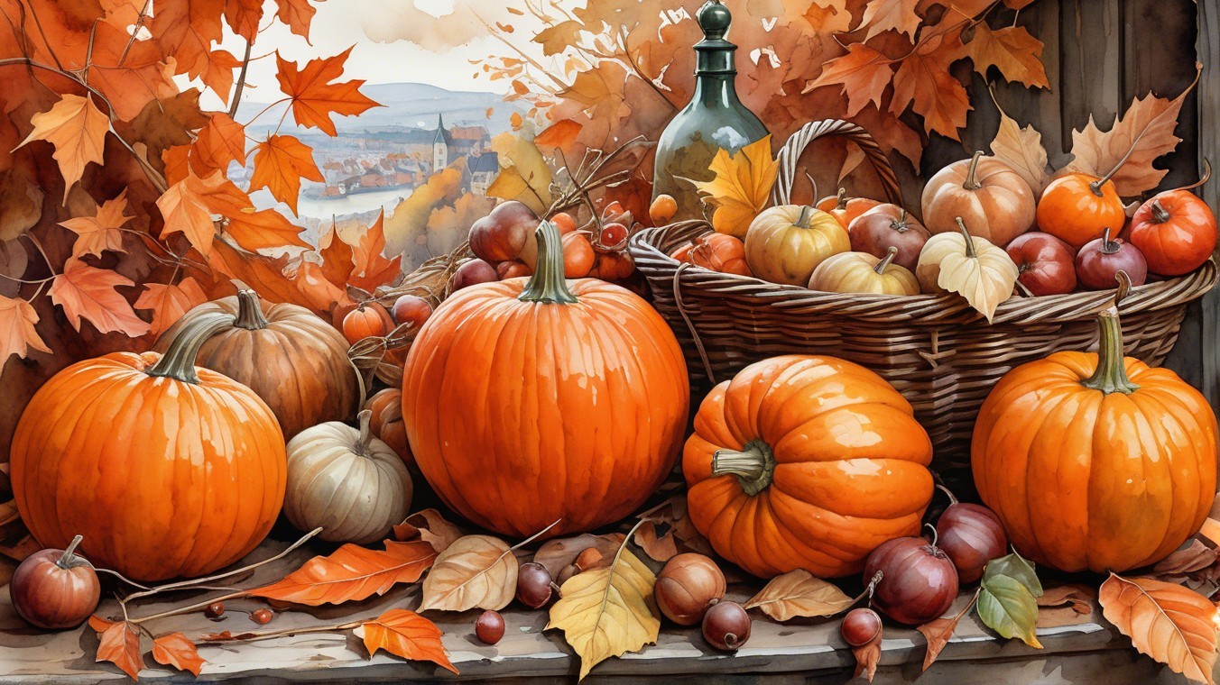 Autumn Scene with Colorful Pumpkins and Leaves