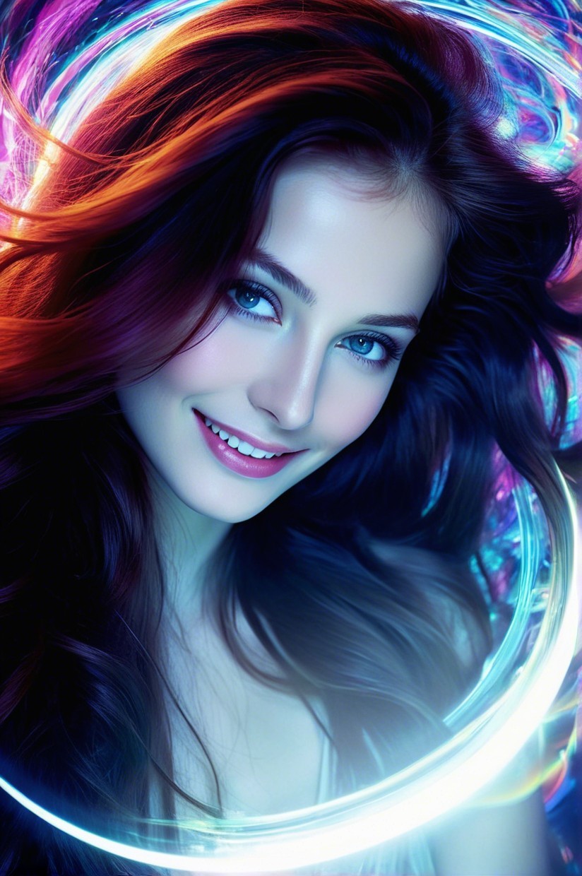Close-up of a young woman with vibrant lights background
